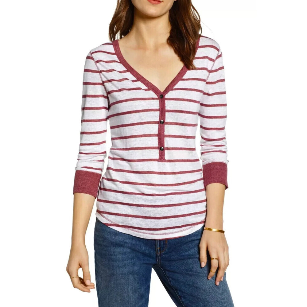 Treasure & Bond Women’s 3/4 Sleeve Linen Henley Top In White Rust Stripe Size XL